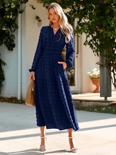 Womens Long Sleeve Fall Long Dress Swiss Dot Maxi Wedding Guset Dress Boho V Neck Casual Dress with Pockets