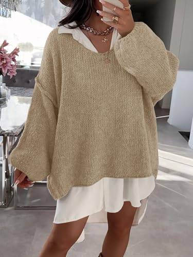 Womens Oversized V Neck Sweaters Chunky Knit Lantern Long Sleeve Fall Winter Slouchy Tunic Sweater Tops