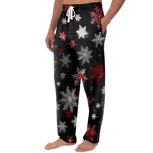 Christmas Pj Pants Men Comfortable Reindeer Christmas Print Open Bottom Drawstring Pjs Pants with Pockets