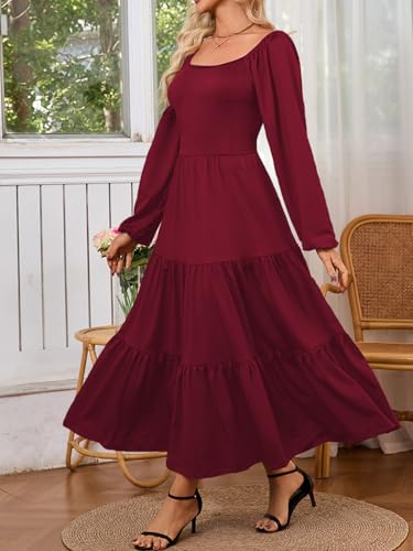 Womens Casual Fall Dress Puff Long Sleeve Square Neck A Line Flowy Long Dresses