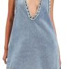 Women Sleeveless Denim Mini Dress V Neck High Waist Patchwork Summer Casual Streetwear Slim Fit
