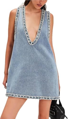 Women Sleeveless Denim Mini Dress V Neck High Waist Patchwork Summer Casual Streetwear Slim Fit