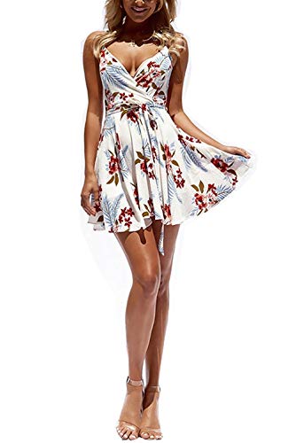 Women Dress Summer V Neck Mini Floral Print Swing Dress Sleeveless Spaghetti Strap Skater Dresses with Belt