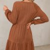 Fall Dresses for Women 2025 Long Sleeve V Neck Textured Casual Lightweight Tiered Ruffle A-Line Mini Babydoll Dress