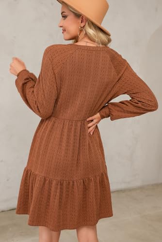 Fall Dresses for Women 2025 Long Sleeve V Neck Textured Casual Lightweight Tiered Ruffle A-Line Mini Babydoll Dress