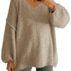 Womens Oversized V Neck Sweaters Chunky Knit Lantern Long Sleeve Fall Winter Slouchy Tunic Sweater Tops