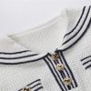 Women Summer Knitted Short Sleeve Striped Turn Down Collar White Mini Sweater Dress