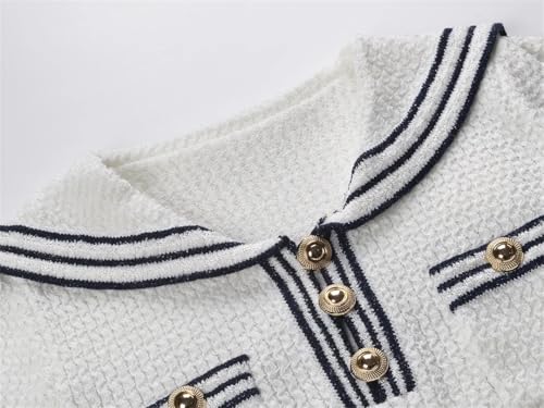 Women Summer Knitted Short Sleeve Striped Turn Down Collar White Mini Sweater Dress
