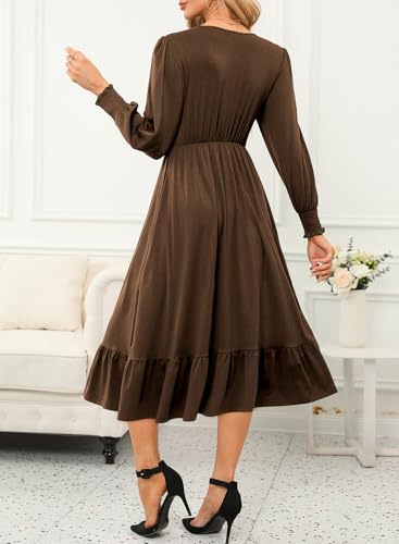 Womens 2024 Wrap V-Neck Twist Knot Long Sleeve Empire Waist Midi Maxi Dress A-Line Ruched Flowy Dress with Pockets
