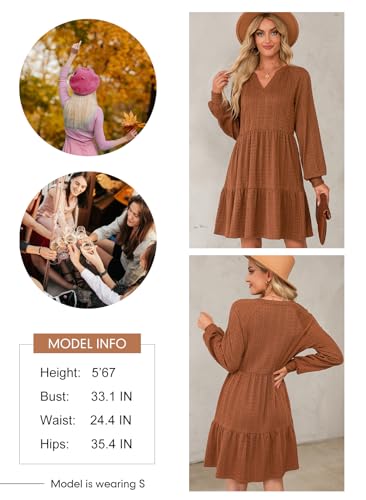 Fall Dresses for Women 2025 Long Sleeve V Neck Textured Casual Lightweight Tiered Ruffle A-Line Mini Babydoll Dress