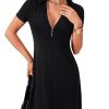 Women's V Neck Short Sleeve Dresses Zipper Front Ruffle Hem A Line Flare Mini Basic Dress