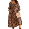 Women's Plus Size Fall Dress Long Sleeve Square Neck Floral Print Smocked A Line Boho Flowy Maxi Dresses with Pockets