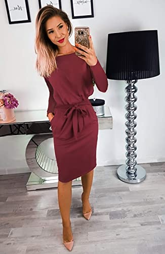 Women's Fall Bodycon Party Dress Casual Long Sleeve Tie Waist Fitted Sheath Pencil Dresses with Pockets
