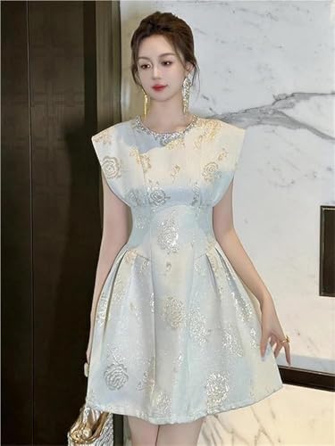 Women's Sparkly Floral Print Evening Dress Sleeveless O-Neck Slim A-Line Party Birthday Mini Dresses