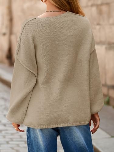 Womens Oversized V Neck Sweaters Chunky Knit Lantern Long Sleeve Fall Winter Slouchy Tunic Sweater Tops