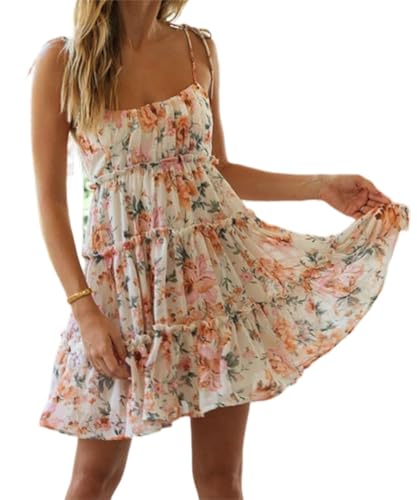 Womens Floral Mini Dress Boho Flowy Skater Spaghetti Strap Ruffle Sleeveless Beach Dress 2024 Summer Sundresses