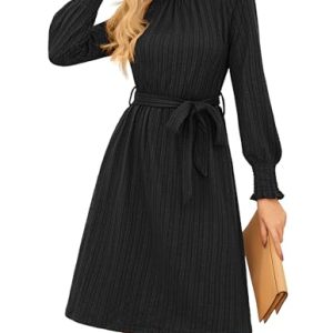 Fall Dresses for Women 2025 Casual Long Sleeve Crew Neck Ribbed Belted Dresses with Pocket