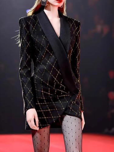 Women's Hot Fix Crystal Mini Dress, V-Neck Long Sleeve Patchwork Fold Detail Dress