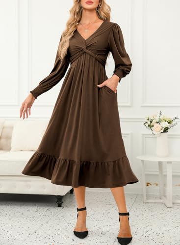 Womens 2024 Wrap V-Neck Twist Knot Long Sleeve Empire Waist Midi Maxi Dress A-Line Ruched Flowy Dress with Pockets