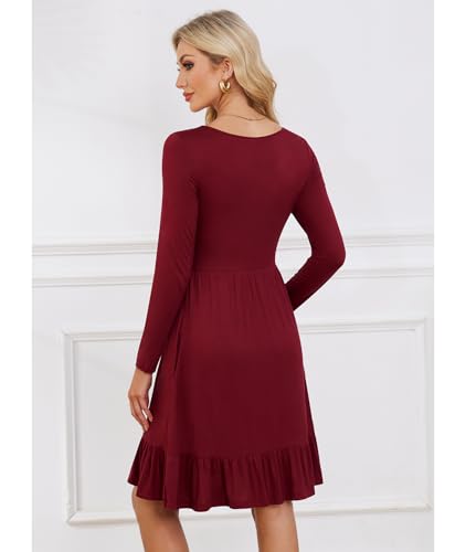 Women Casual Long Sleeve Knee Length Dresses Round Neck Pleated Fall Dress with Pockets 2024