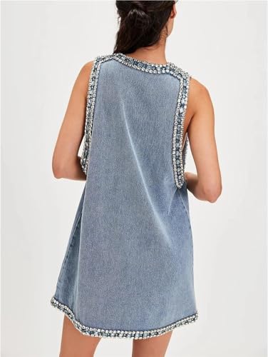 Women Sleeveless Denim Mini Dress V Neck High Waist Patchwork Summer Casual Streetwear Slim Fit