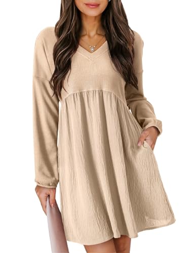 Womens Fall Dresses 2025 Casual V-Neck Long Sleeve Empire Waist Waffle Knit Mini Dress with Pockets