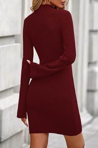 Fall Dresses for Women 2025 Ribbed Knit Bodycon Dress Mock Neck Bell Long Sleeve Pullover Sweater Winter Mini Dresses