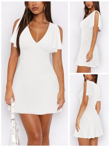 Women's Sexy Deep V-Neck Ruffle Sleeve Mini Dresses Summer Casual Bodycon Beach Cocktail Party Club Short Dress
