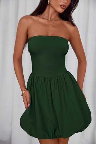 Womens Strapless Bubble Mini Dress Summer Tube Top Sundress Casual Off Shoulder A Line Party Short Dresses Vacation