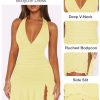 Women Sexy Halter Deep V Neck Ruched Bodycon Dress Summer Side Slit Mesh Hem Cocktail Club Party Short Mini Dresses