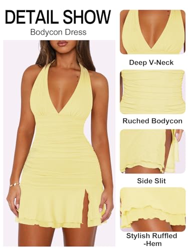 Women Sexy Halter Deep V Neck Ruched Bodycon Dress Summer Side Slit Mesh Hem Cocktail Club Party Short Mini Dresses