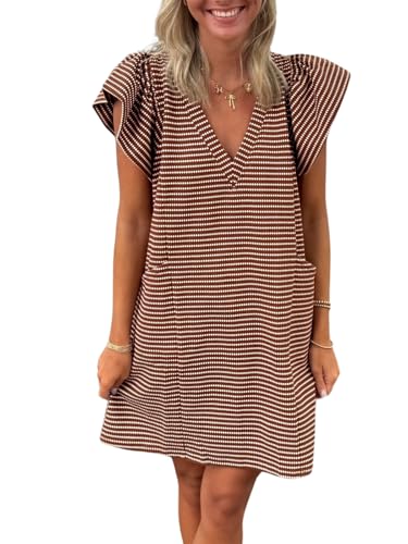 Striped V-Neck Mini Dress for Women Puff Sleeve Casual Dress with Pockets, Comfortable & Stylish for Summer