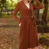 Womens 2025 Fall Dresses Teacher Church Business Casual Work Outfits Knit Midi Sweater Pockets Belt Dress