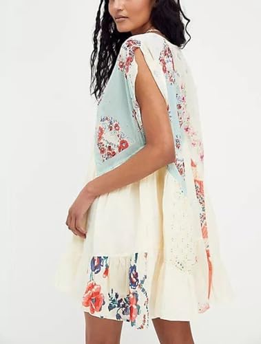 Women??s Boho Mini Dress Y2k Floral Print Deep V-Neck Puff Sleeve Short Dress 2025 Summer Loose Beach Sundress