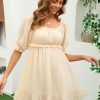 Women's Summer Dress Boho Short Sleeve Mini Dresses Square Neck Ruffle Mini Beach Dresses