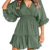 Womens V Neck Casual Dresses Summer Loose High Waist Ruffle Pleated Cute Mini Short Dress