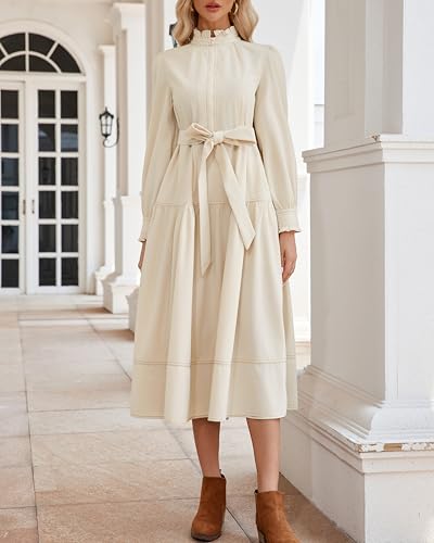 Women's Fall Winter Corduroy Maxi Dress Casual Long Sleeve Ruffle Mock Neck Flowy Vintage Dresses