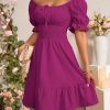 Women's Boho 2025 Summer Mini Dress, Square Neck Front Tie Puff Sleeve Casual Mini Dress