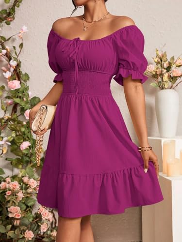 Women's Boho 2025 Summer Mini Dress, Square Neck Front Tie Puff Sleeve Casual Mini Dress