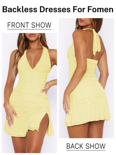 Women Sexy Halter Deep V Neck Ruched Bodycon Dress Summer Side Slit Mesh Hem Cocktail Club Party Short Mini Dresses