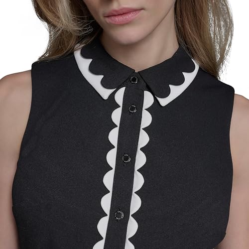 Women's Belted Sleeveless Scallop Trim Collared A-line Mini Dress