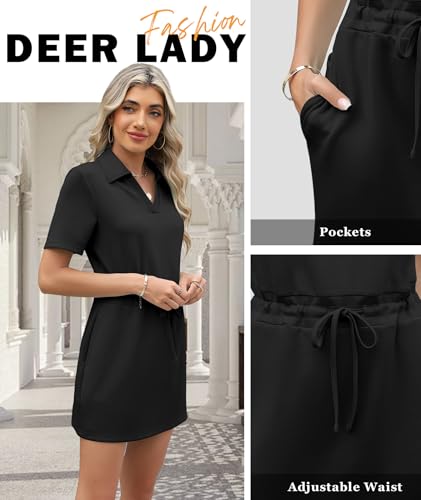 2025 Casual Summer T Shirt Dress for Women Drawstring Short Sleeve V Neck Mini Shift Dresses with Pockets