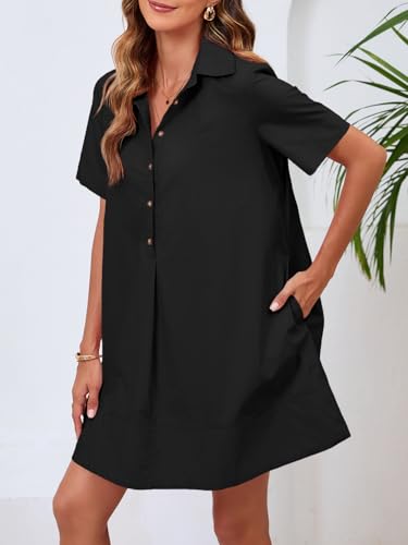 Womens Button Down Shirt Dress Oversized Casual Short Sleeve Collared V Neck Summer Mini Dresses