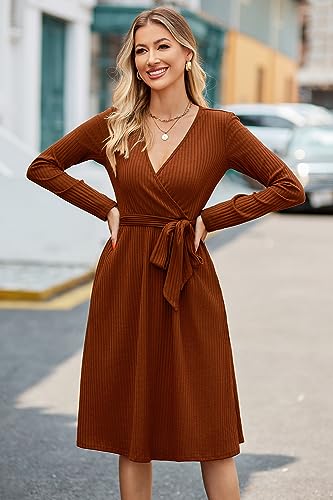 Womens 2025 Fall Dresses Teacher Church Business Casual Work Outfits Knit Midi Sweater Pockets Belt Dress