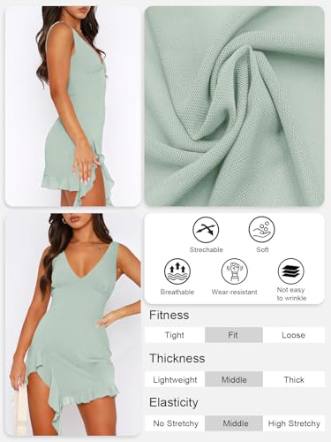 Women Sleeveless Sexy V Neck Bodycon Mini Dress Summer Side Slit Mesh Irregular Ruffle Hem Backless Short Dress