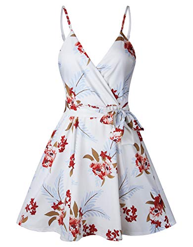 Women Dress Summer V Neck Mini Floral Print Swing Dress Sleeveless Spaghetti Strap Skater Dresses with Belt