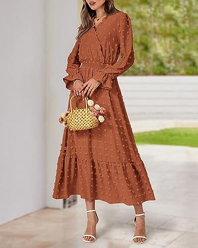 Women Fall Maxi Dresses 2025 Long Sleeve V Neck Swiss Dots High Waisted A-Line Ruffle Boho Long Dress Vacation