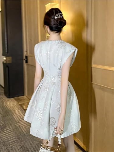 Women's Sparkly Floral Print Evening Dress Sleeveless O-Neck Slim A-Line Party Birthday Mini Dresses