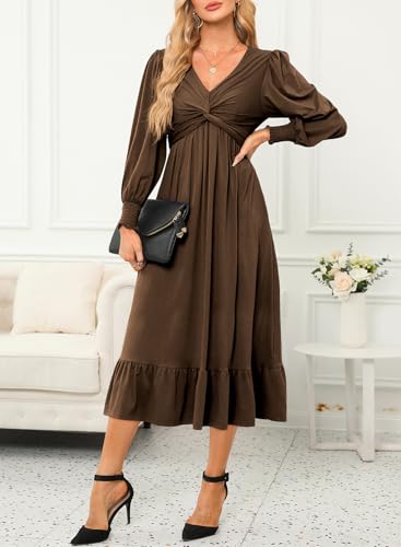 Womens 2024 Wrap V-Neck Twist Knot Long Sleeve Empire Waist Midi Maxi Dress A-Line Ruched Flowy Dress with Pockets