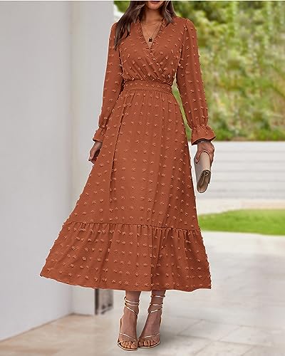 Women Fall Maxi Dresses 2025 Long Sleeve V Neck Swiss Dots High Waisted A-Line Ruffle Boho Long Dress Vacation